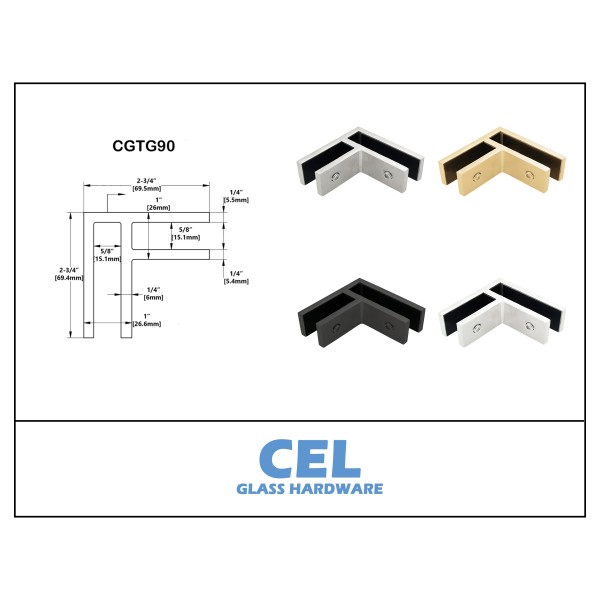 CGTG90,  90 degree corner Railing clamp, glass to glass